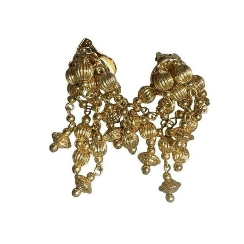 Francesca Visconti Signed Vintage Gold Tone‎ Beaded Chandelier Clip On Earrings